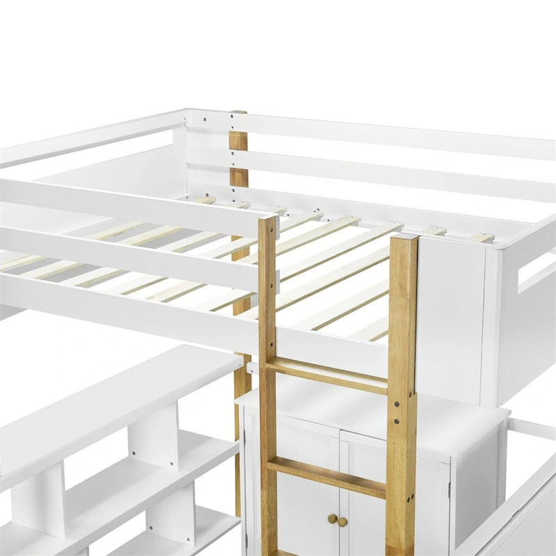 Lit mezzanine bicolore gris/blanc avec armoire de rangement et bureau pliant – Lit double/simple, 1 personne