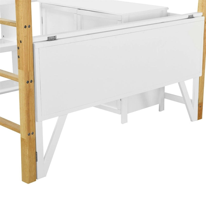 Lit mezzanine bicolore gris/blanc avec armoire de rangement et bureau pliant – Lit double/simple, 1 personne