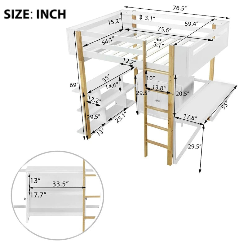 Lit mezzanine bicolore gris/blanc avec armoire de rangement et bureau pliant – Lit double/simple, 1 personne