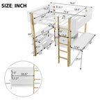 Lit mezzanine bicolore gris/blanc avec armoire de rangement et bureau pliant – Lit double/simple, 1 personne