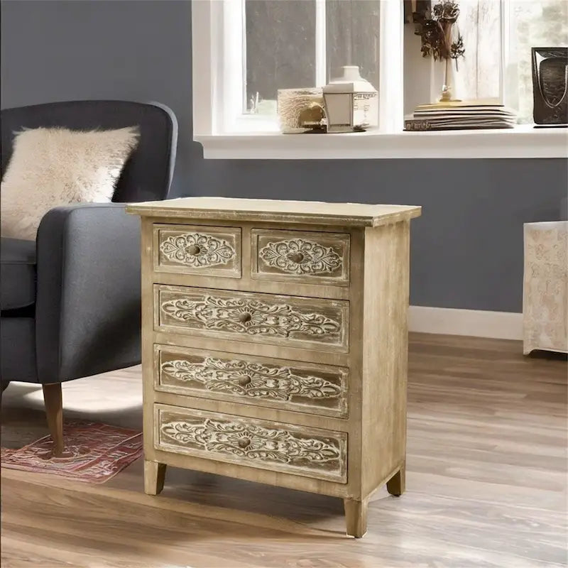 Meuble d'appoint 5 tiroirs brun antique, assemblage 1 personne
