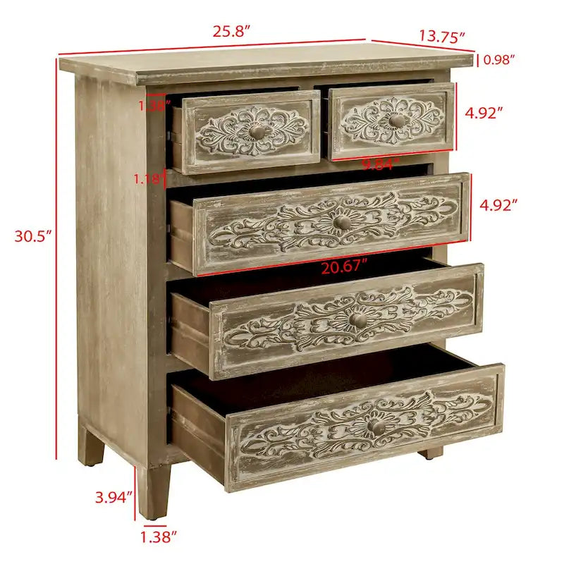 Meuble d'appoint 5 tiroirs brun antique, assemblage 1 personne