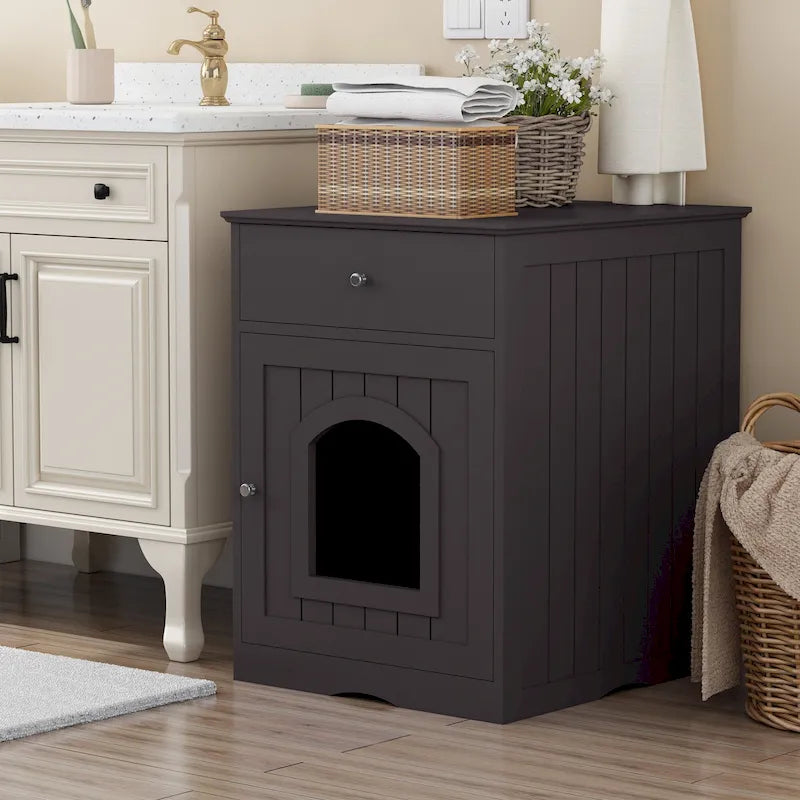 Meuble cache-litière marron avec tiroir, style table d'appoint, pour 1 chat