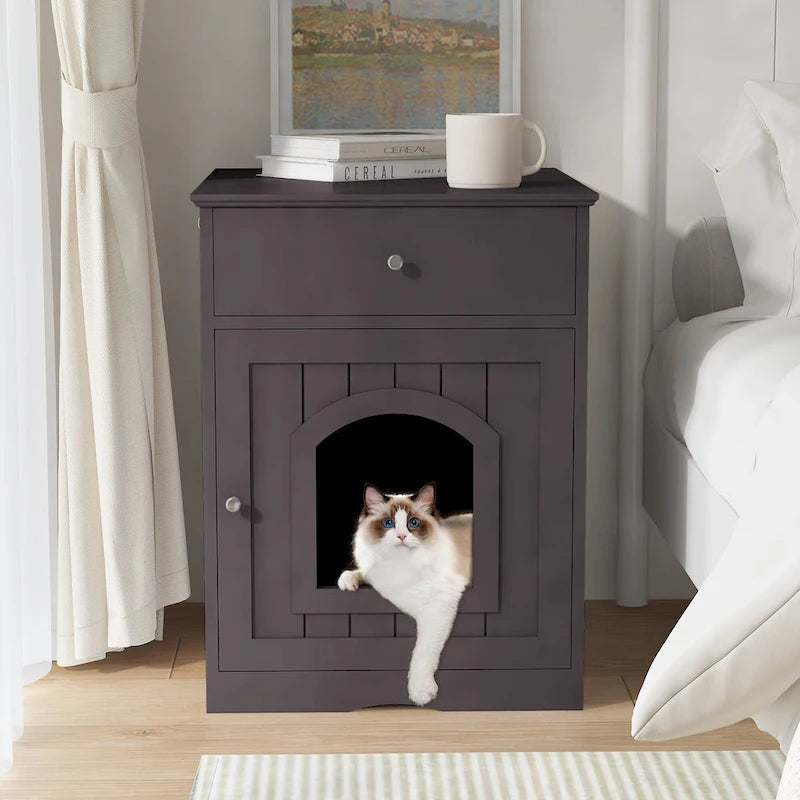 Meuble cache-litière marron avec tiroir, style table d'appoint, pour 1 chat