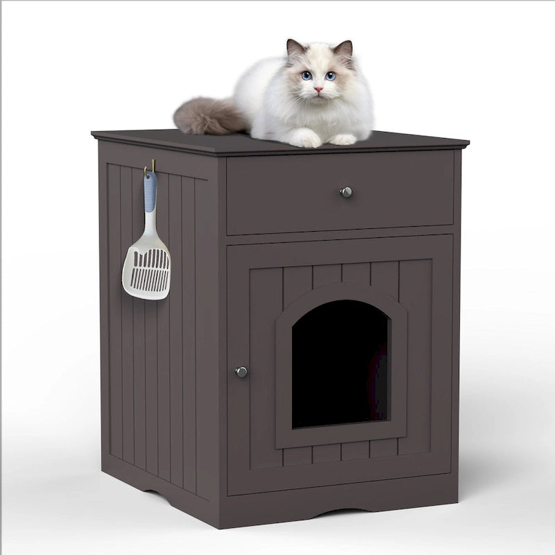 Meuble cache-litière marron avec tiroir, style table d'appoint, pour 1 chat