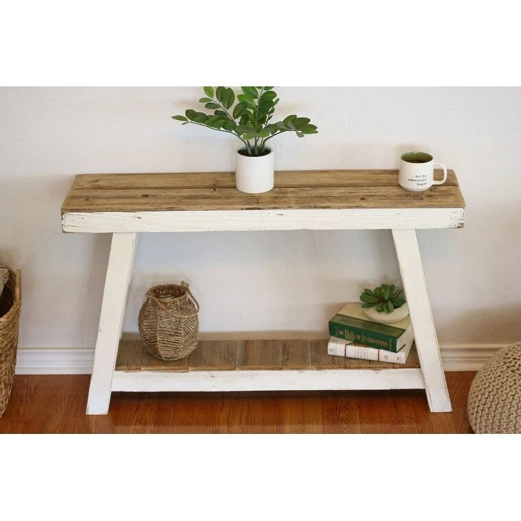 Console avec plateau en bois de récupération et structure en A de style aztèque blanc, 1 personne