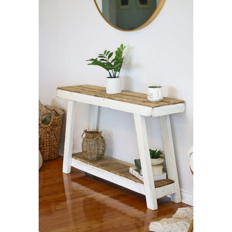 Console avec plateau en bois de récupération et structure en A de style aztèque blanc, 1 personne
