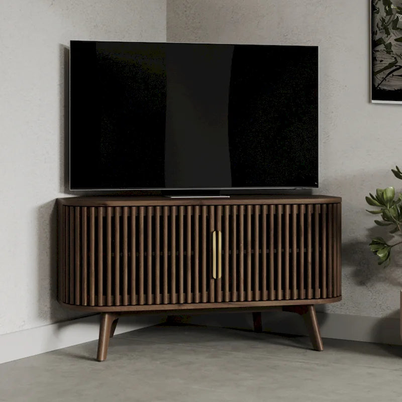 Meuble TV d'angle en noyer foncé et laiton – Style Mid-Century, Assemblage par 1 personne