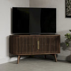 Meuble TV d'angle en noyer foncé et laiton – Style Mid-Century, Assemblage par 1 personne