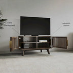 Meuble TV d'angle en noyer foncé et laiton – Style Mid-Century, Assemblage par 1 personne