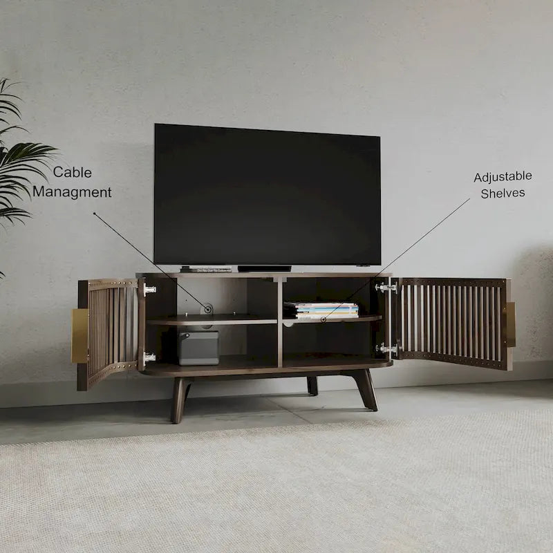 Meuble TV d'angle en noyer foncé et laiton – Style Mid-Century, Assemblage par 1 personne