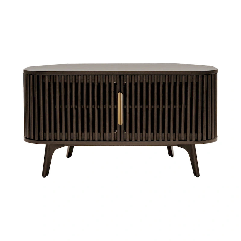 Meuble TV d'angle en noyer foncé et laiton – Style Mid-Century, Assemblage par 1 personne