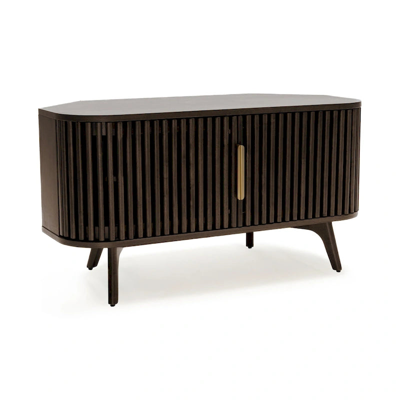 Meuble TV d'angle en noyer foncé et laiton – Style Mid-Century, Assemblage par 1 personne