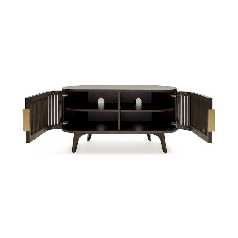 Meuble TV d'angle en noyer foncé et laiton – Style Mid-Century, Assemblage par 1 personne