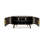 Meuble TV d'angle en noyer foncé et laiton – Style Mid-Century, Assemblage par 1 personne