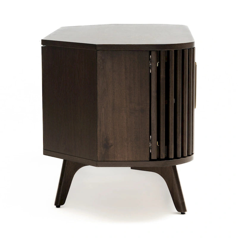 Meuble TV d'angle en noyer foncé et laiton – Style Mid-Century, Assemblage par 1 personne