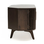 Meuble TV d'angle en noyer foncé et laiton – Style Mid-Century, Assemblage par 1 personne