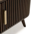 Meuble TV d'angle en noyer foncé et laiton – Style Mid-Century, Assemblage par 1 personne