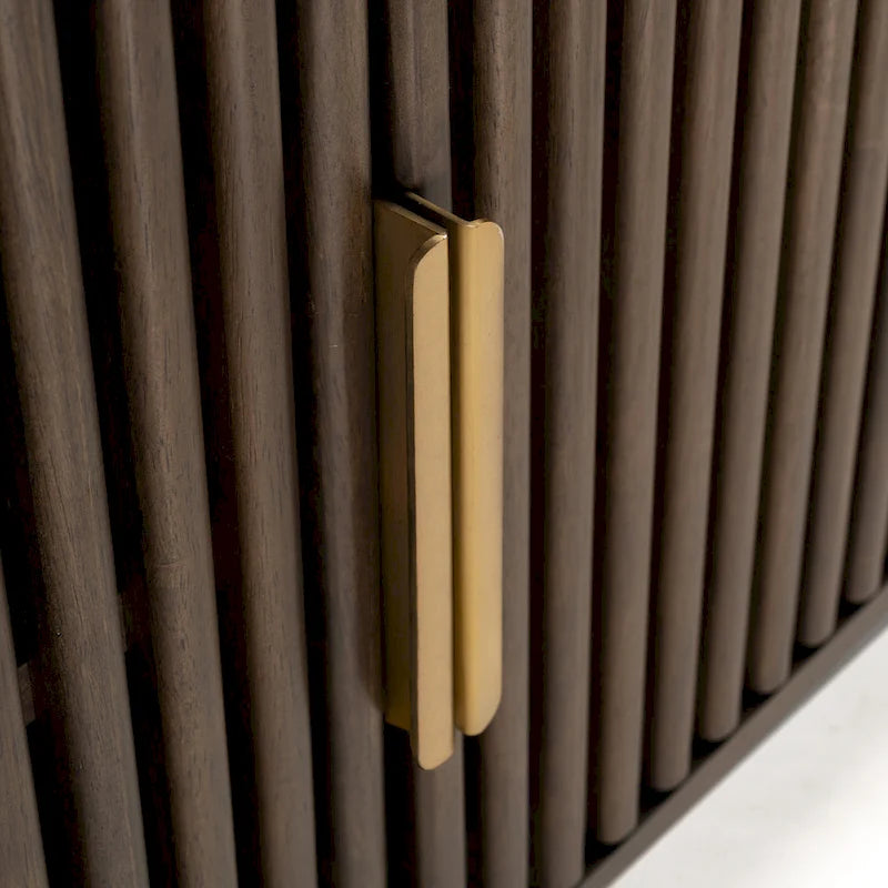 Meuble TV d'angle en noyer foncé et laiton – Style Mid-Century, Assemblage par 1 personne