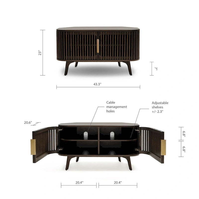 Meuble TV d'angle en noyer foncé et laiton – Style Mid-Century, Assemblage par 1 personne