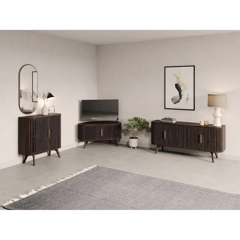 Meuble TV d'angle en noyer foncé et laiton – Style Mid-Century, Assemblage par 1 personne