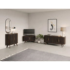 Meuble TV d'angle en noyer foncé et laiton – Style Mid-Century, Assemblage par 1 personne