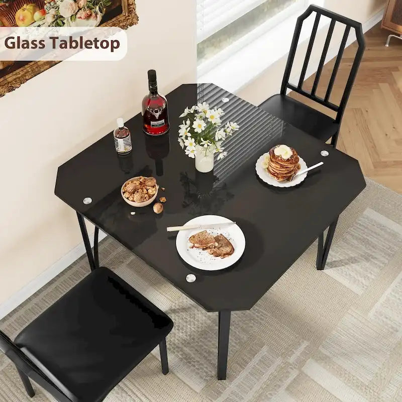 Table à manger en verre trempé noir, style chanfreiné, 2/4 places
