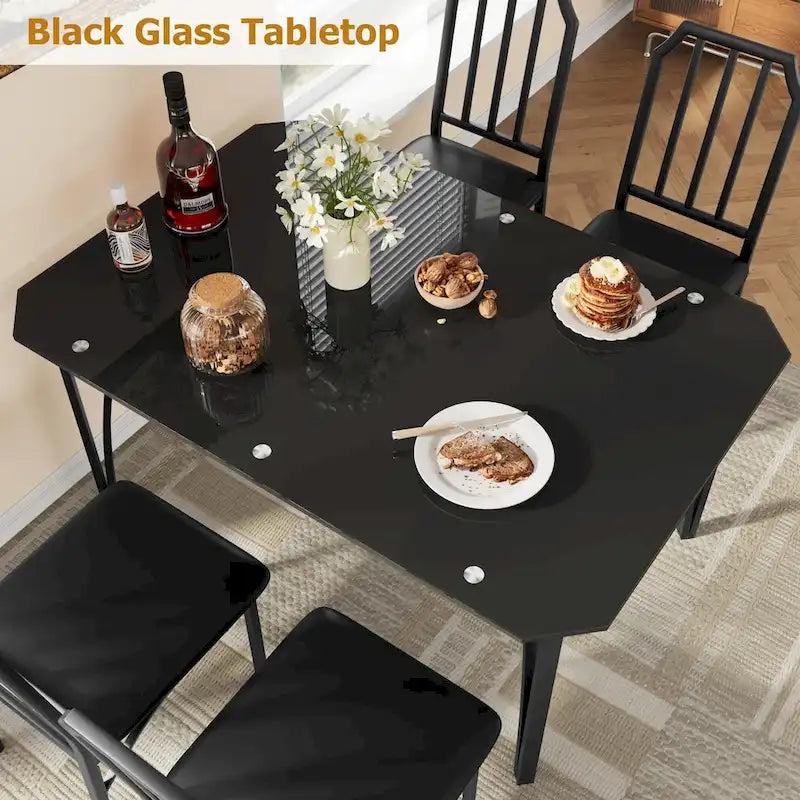 Table à manger en verre trempé noir, style chanfreiné, 2/4 places