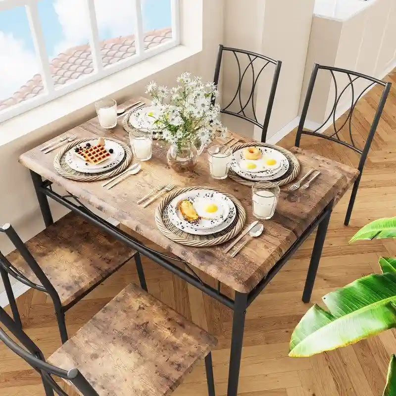 Ensemble table à manger marron 4 personnes, style industriel, MDF et cadre en acier