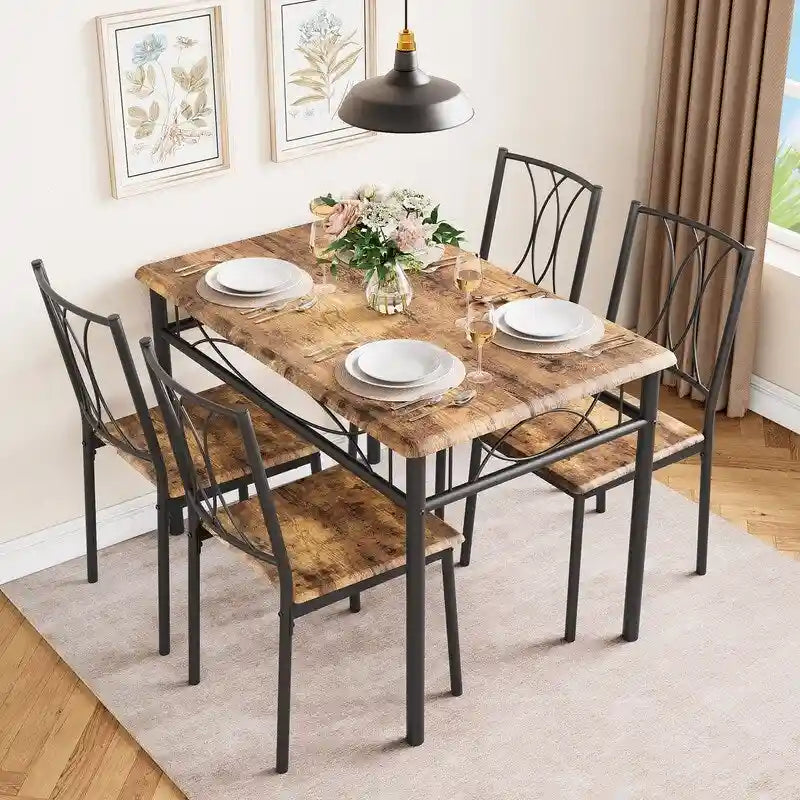 Ensemble table à manger marron 4 personnes, style industriel, MDF et cadre en acier