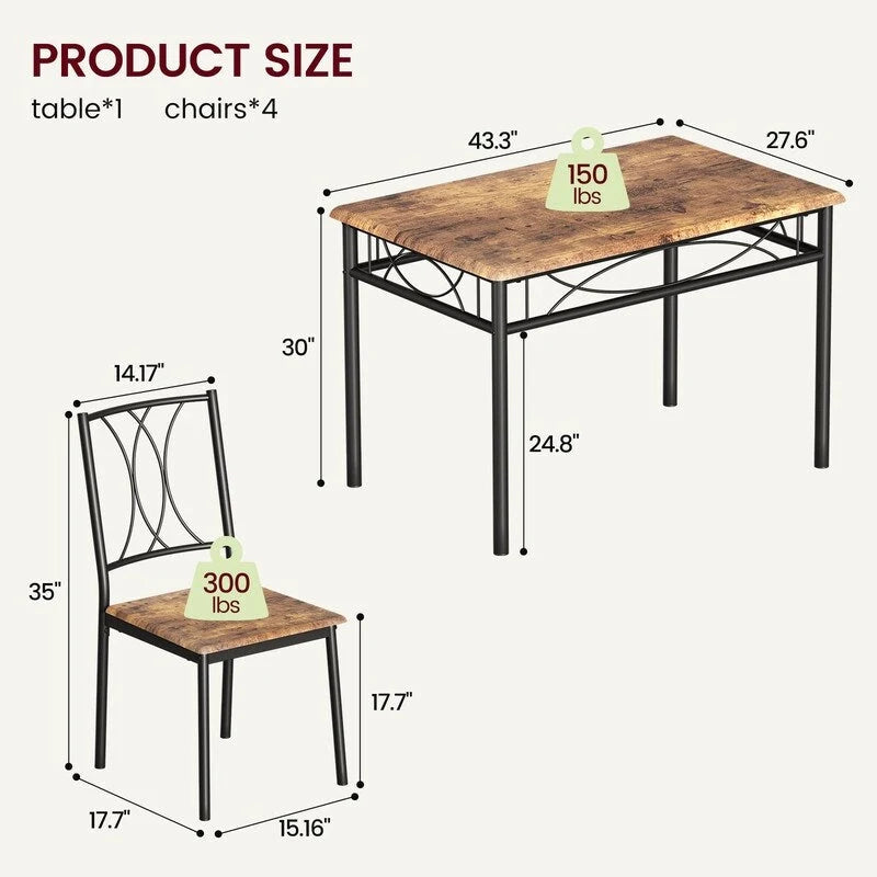 Ensemble table à manger marron 4 personnes, style industriel, MDF et cadre en acier