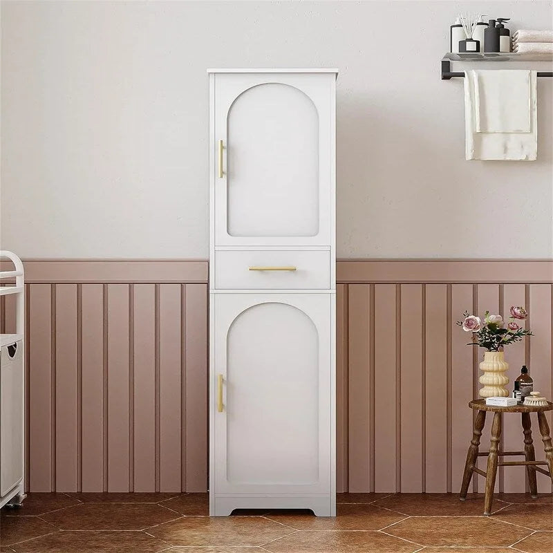 Armoire de rangement haute finition bois blanc avec 2 portes, 4 étagères et un tiroir – Montage par 1 personne