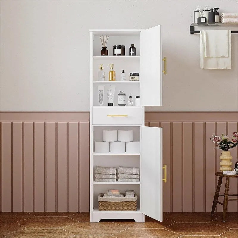 Armoire de rangement haute finition bois blanc avec 2 portes, 4 étagères et un tiroir – Montage par 1 personne