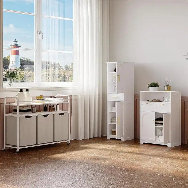 Armoire de rangement haute finition bois blanc avec 2 portes, 4 étagères et un tiroir – Montage par 1 personne