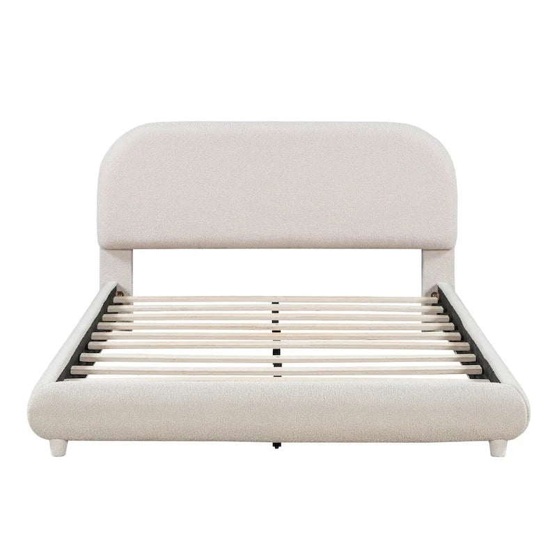 Lit plateforme rembourré pleine grandeur gris/beige, en polaire Teddy, pour 2 personnes