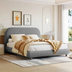 Lit plateforme rembourré pleine grandeur gris/beige, en polaire Teddy, pour 2 personnes