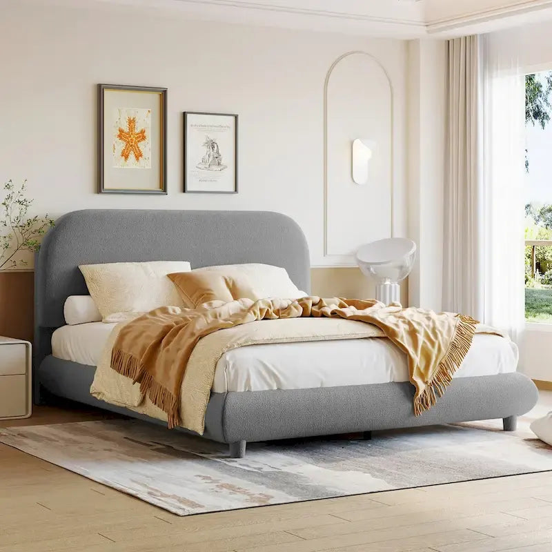 Lit plateforme rembourré pleine grandeur gris/beige, en polaire Teddy, pour 2 personnes