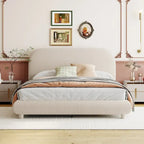 Lit plateforme rembourré pleine grandeur gris/beige, en polaire Teddy, pour 2 personnes