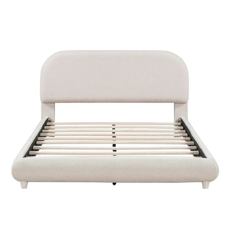 Lit plateforme rembourré pleine grandeur gris/beige, en polaire Teddy, pour 2 personnes