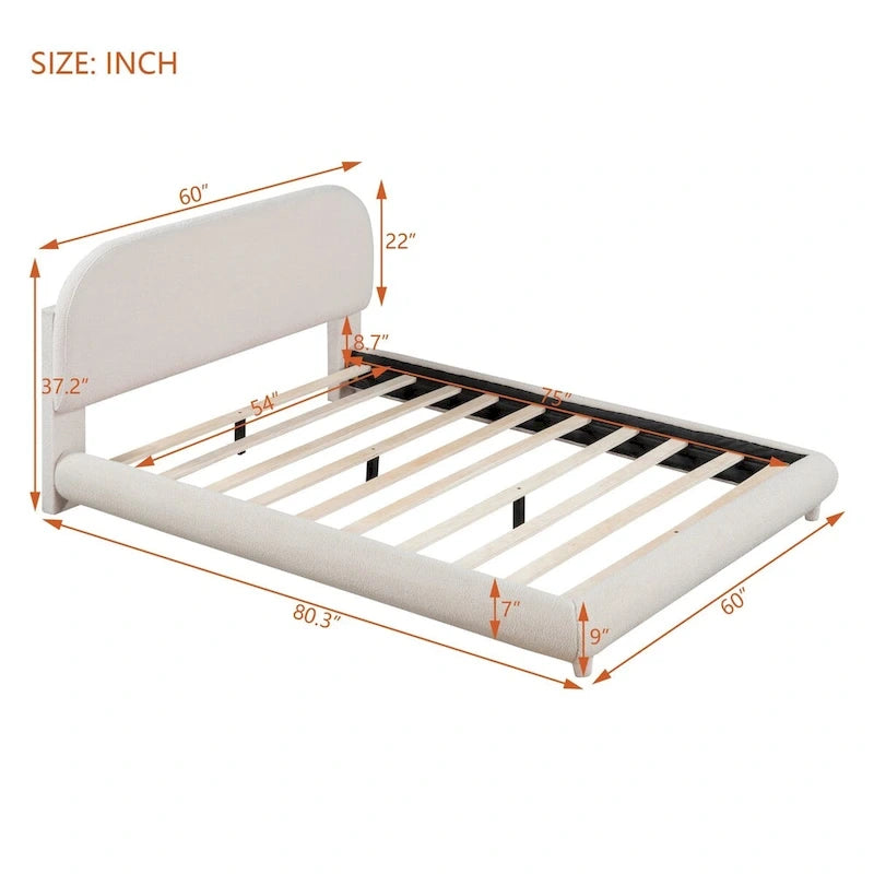 Lit plateforme rembourré pleine grandeur gris/beige, en polaire Teddy, pour 2 personnes