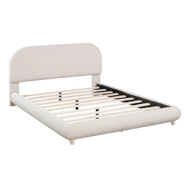 Lit plateforme rembourré pleine grandeur gris/beige, en polaire Teddy, pour 2 personnes