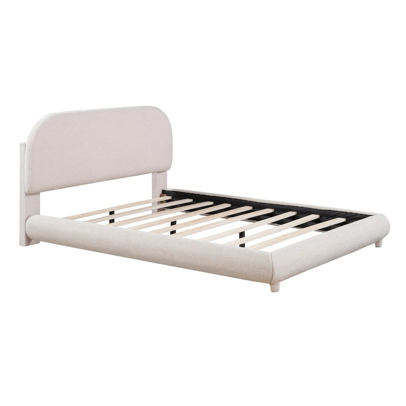 Lit plateforme rembourré pleine grandeur gris/beige, en polaire Teddy, pour 2 personnes