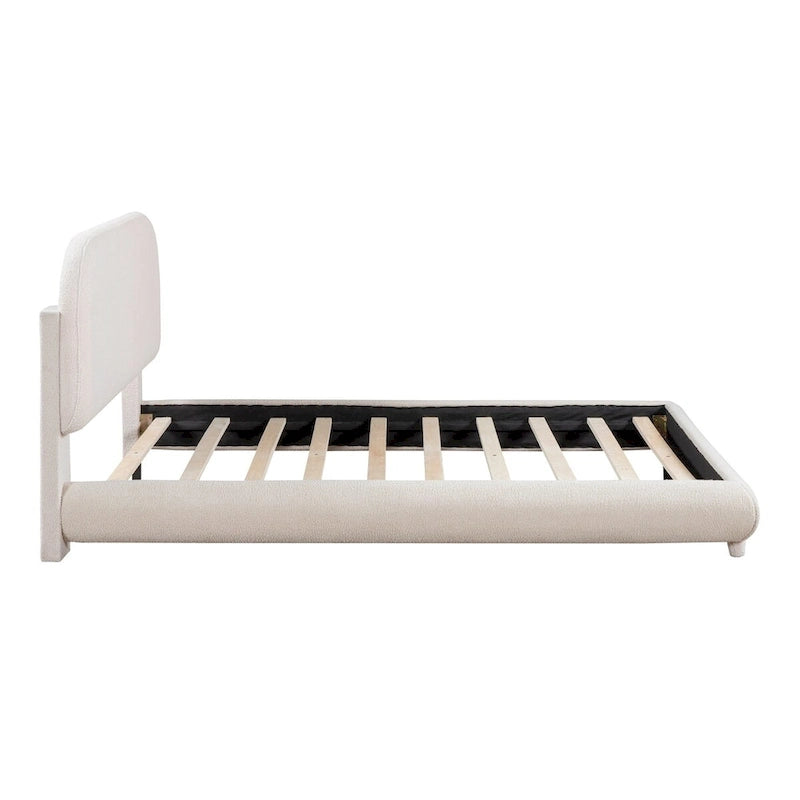Lit plateforme rembourré pleine grandeur gris/beige, en polaire Teddy, pour 2 personnes