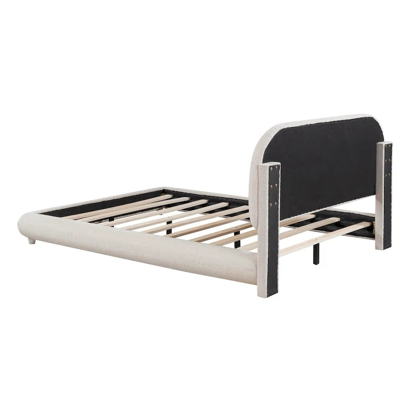 Lit plateforme rembourré pleine grandeur gris/beige, en polaire Teddy, pour 2 personnes