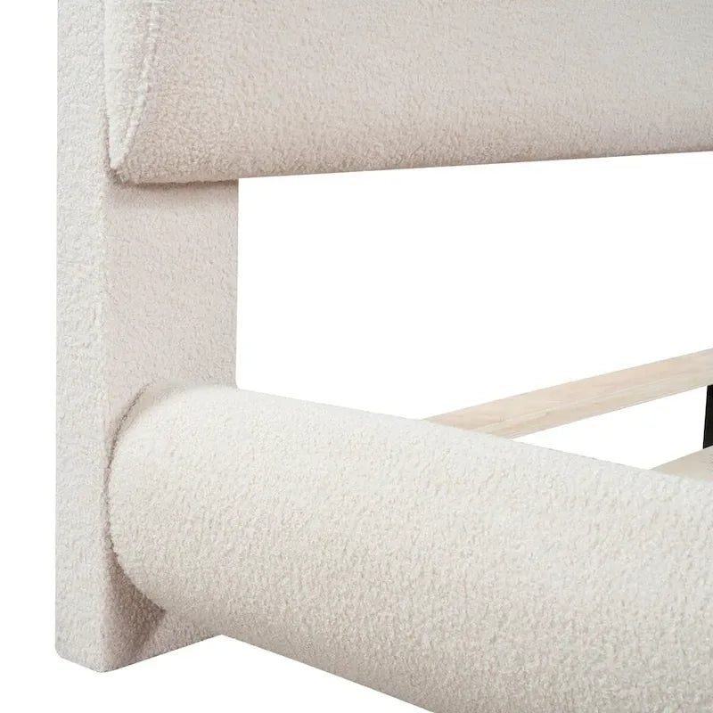 Lit plateforme rembourré pleine grandeur gris/beige, en polaire Teddy, pour 2 personnes