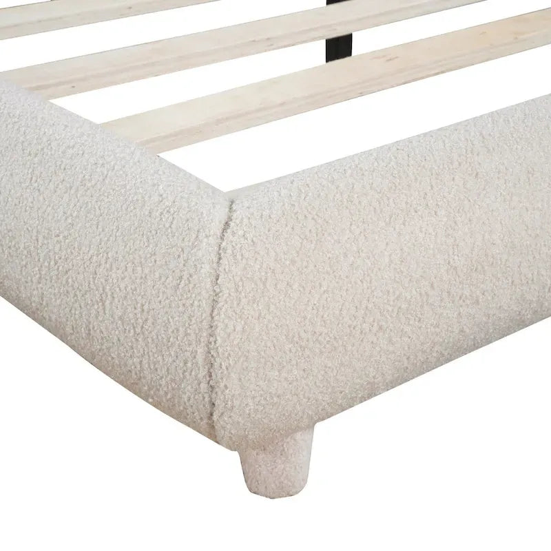 Lit plateforme rembourré pleine grandeur gris/beige, en polaire Teddy, pour 2 personnes