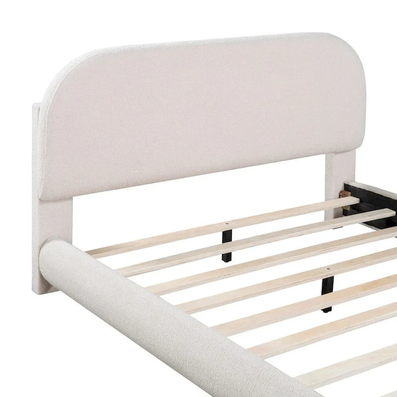Lit plateforme rembourré pleine grandeur gris/beige, en polaire Teddy, pour 2 personnes