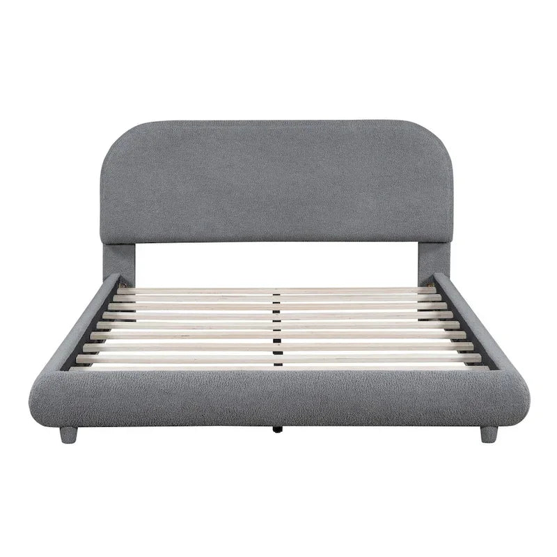 Lit plateforme rembourré pleine grandeur gris/beige, en polaire Teddy, pour 2 personnes