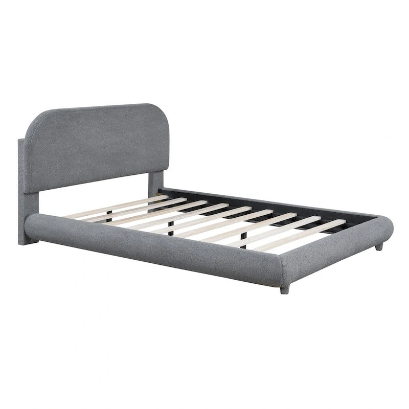 Lit plateforme rembourré pleine grandeur gris/beige, en polaire Teddy, pour 2 personnes