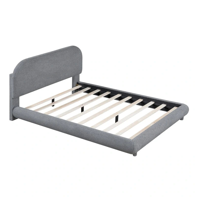 Lit plateforme rembourré pleine grandeur gris/beige, en polaire Teddy, pour 2 personnes